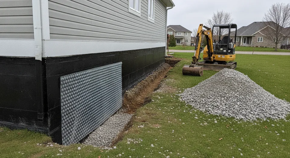Exterior basement waterproofing in progress on a Waterloo, Ontario home with the foundation wall exposed and a membrane being applied